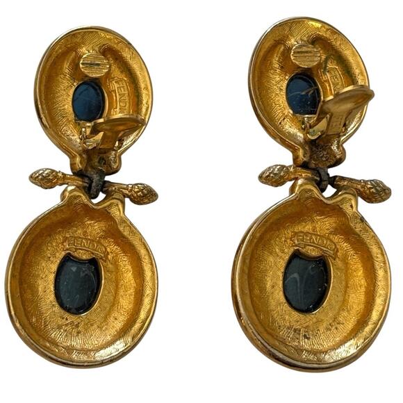 Fendi Blue Gripoix Cabochon Clip Earrings Large Double Dangle Logo 18kt GP - Picture 7 of 12